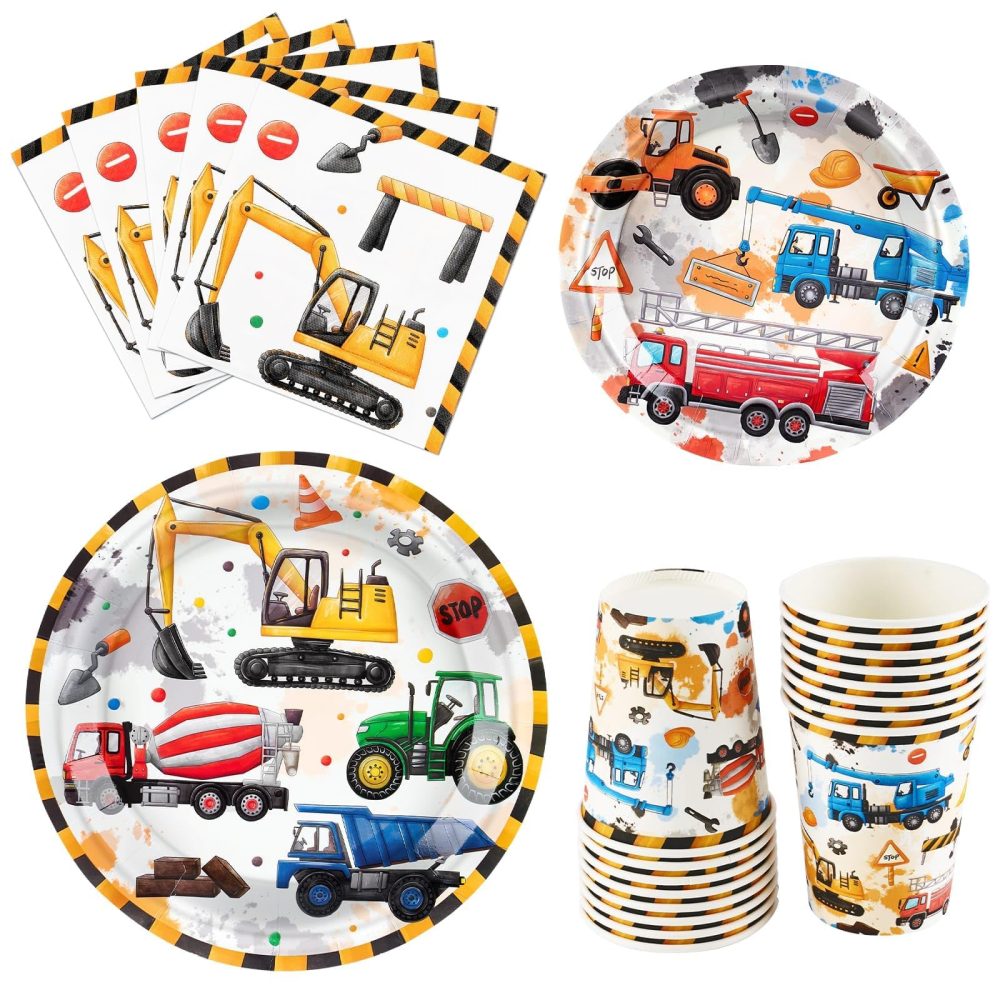 WERNNSAI Construction Party Supplies Set - 64 PCS Dump Truck Theme Birthday Party Decorations Paper Plates Cups Napkins Tableware for Boys Kids Construction Birthday Party Celebration