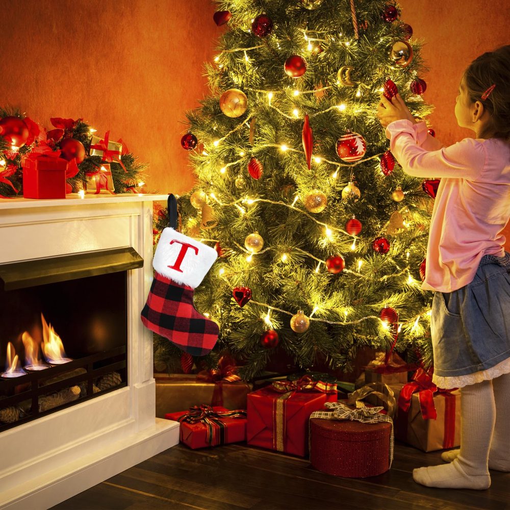 Christmas Stockings 7inch Personalised Xmas Stockings Red Scotland Plaid Classic Christmas Stockings with Letters Faux Fur Plush Cuff Hanging Stockings for Xmas Decor Tree Decoration (T) - Image 2