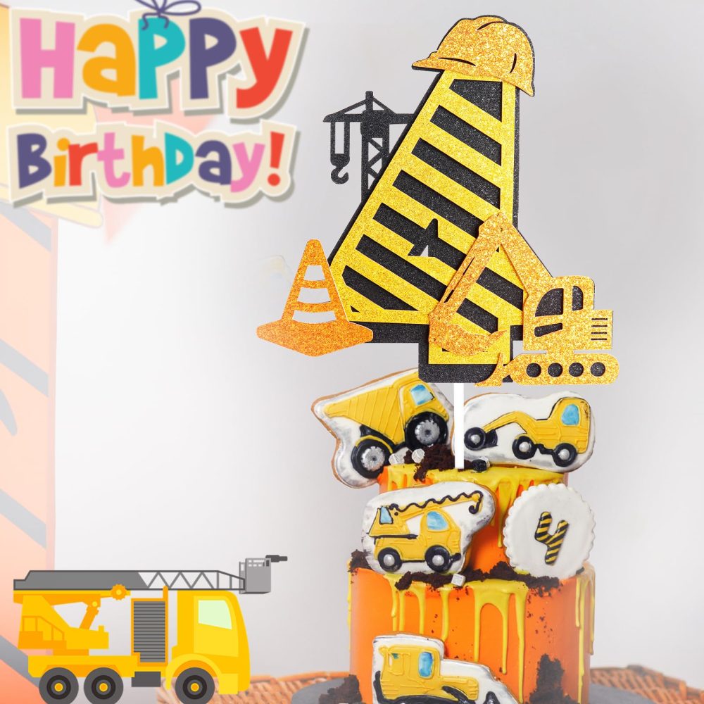 Yiran 2nd Birthday Cake Toppers,Yellow Construction Cake Decorations with Engineering Vehicle Themed,2 Years Old Birthday Cake Decorations Toppers for Boys Birthday Party Supplies - Image 6