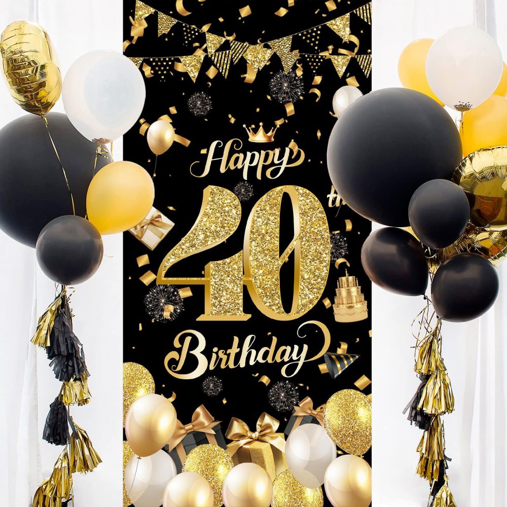 40th Birthday Door Banner,Black Gold 40th Birthday Decorations,Happy 40th Birthday Party Backdrop Banner,40th Birthday Door Hanging Banner for Women Men Birthday Party Photo Booth Supplies(90*185cm) - Image 4