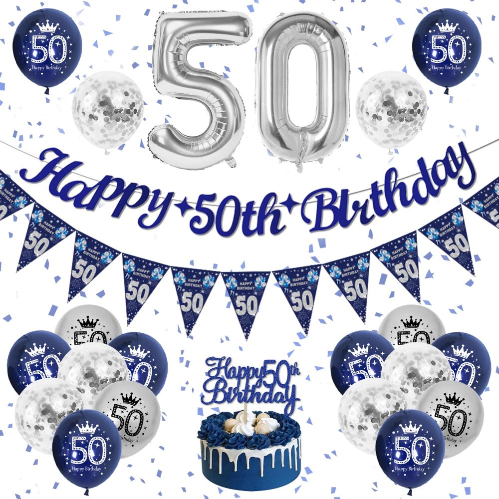 50th Birthday Decorations for Men, Happy 50th Birthday Banner Blue and Silver Party Decorations, 50th Birthday Balloons, Navy Blue and Silver Balloons Cake Topper for Men 50 Birthday Party Supplies