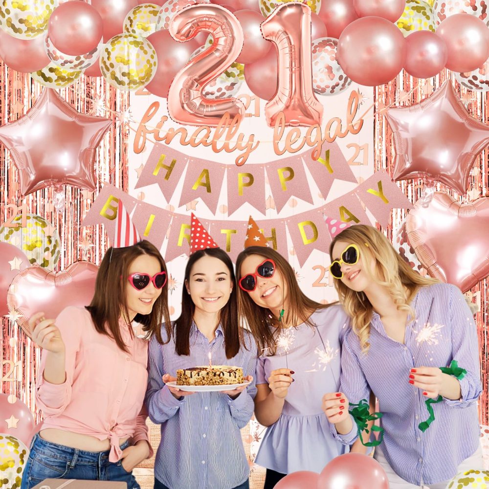 ZERODECO Rose Gold Birthday Party Decorations 21st, Happy Birthday Banner 21st Theme Banner Fringe Curtain 21 Garland Heart Star Foil Confetti Balloons for Women Girls Queen Princess Birthday Party - Image 7