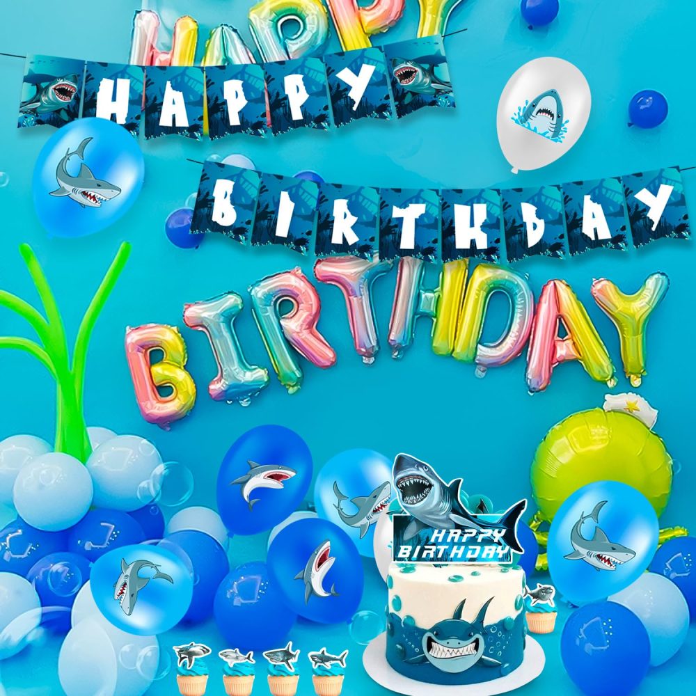 Shark Party Supplies,111pcs Shark Theme Party Tableware&Ocean Party Decorations Set- Shark Birthday Plates Tablecover Cups Banner Balloons etc Shark Ocean Party Supplies for Under The Sea Party Decor - Image 3