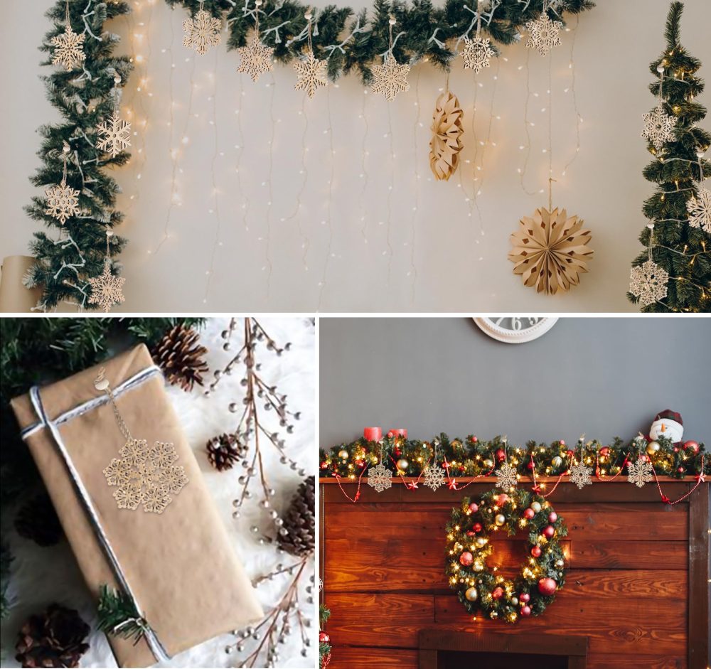 Mocraft 36pcs Wooden Snowflakes Vintage Christmas Pendant Wood Christmas Pendant Christmas Tree Snowflake Hanging Ornaments Christmas Decoration With Hemp Rope (Brown) - Image 3