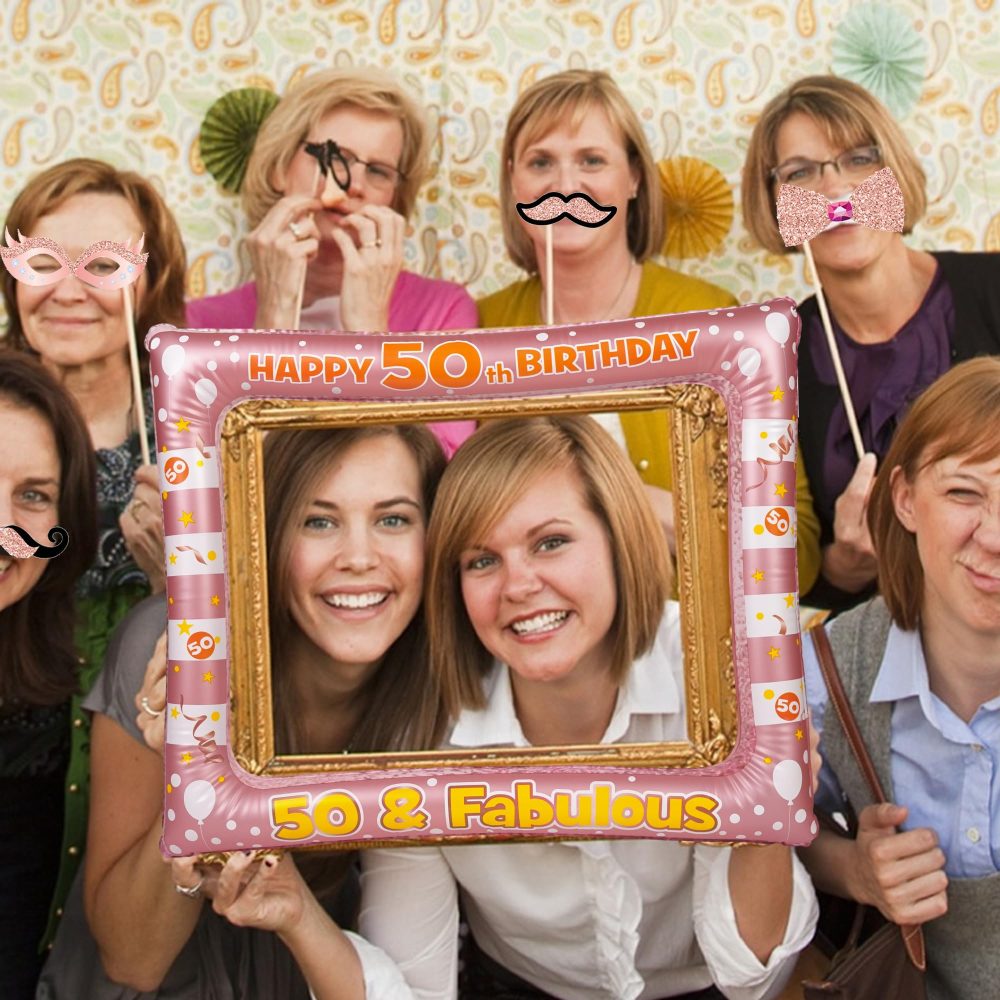 Rose Gold 50th Photo Props - 34 Pieces 50th Photo Booth Props Rose Gold Inflatable Selfie Frame 50th Birthday Photo Booth Props for Women Men 50th Birthday Party Supplies 50th Birthday Gift - Image 2