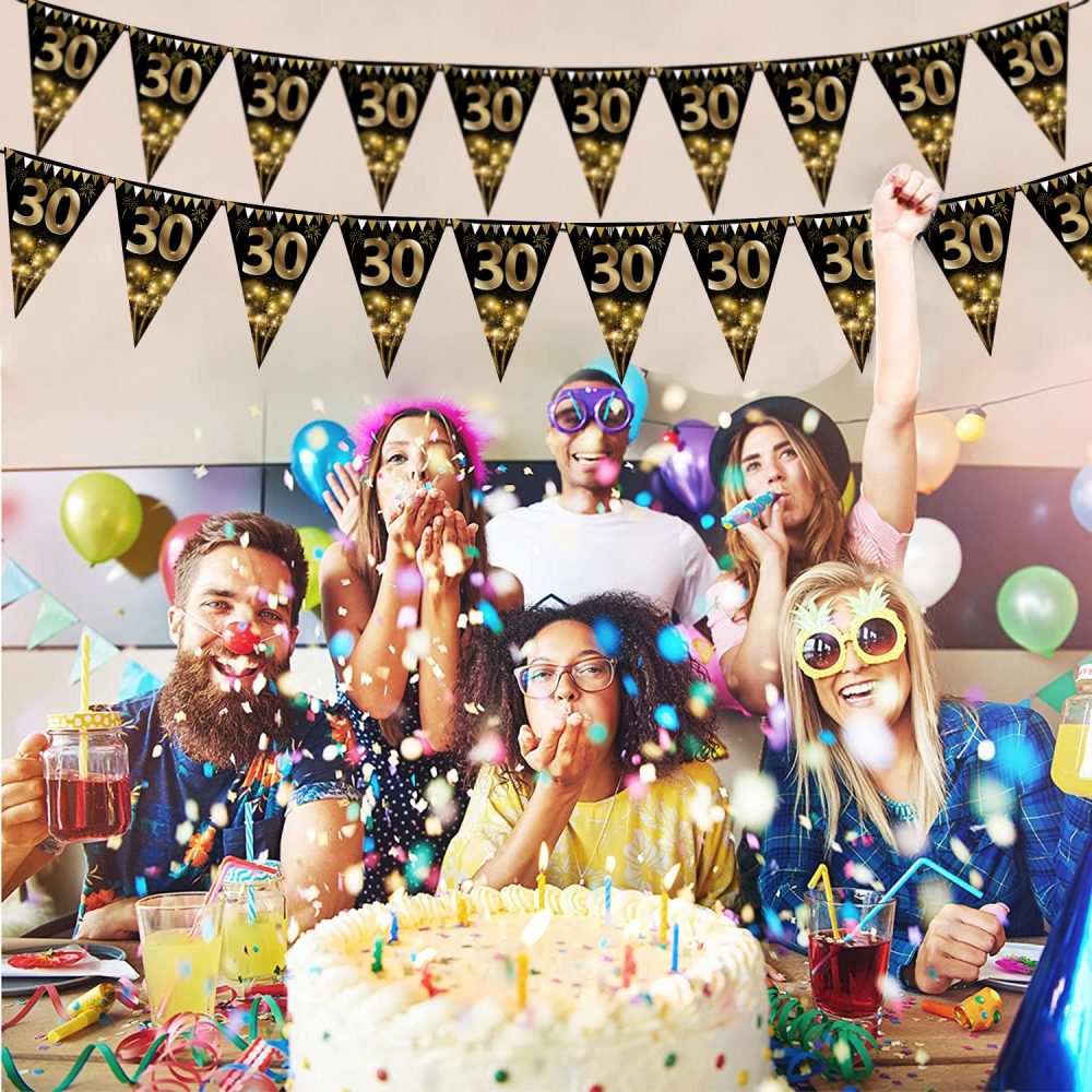 40Pcs Happy 30th Birthday Banner Bunting Flags Gold and Black Glitter 30th Birthday Anniversary Party Decoration Supplies,30th Birthday Triangle Flag Banners for Men Women - Image 5