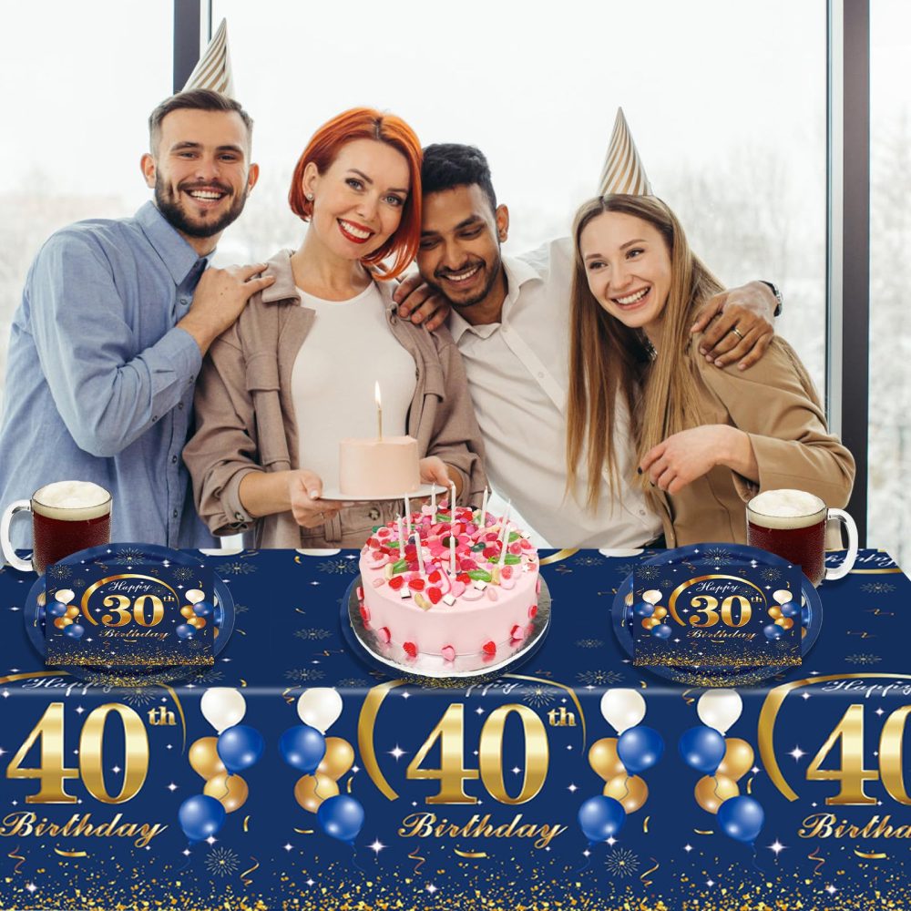 MORAINJAY Birthday Tablecloth for 40,Navy Blue Table Cloth for 40th Birthday Party,137x274cm Table Cover,Rectangular Waterproof Tablecloth for Men,Women, Birthday Party Supplies Table Decor - Image 2