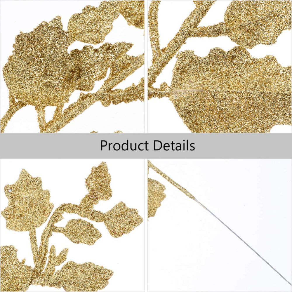 NUOBESTY 10Pcs Chinese Glitter Leaves Picks Sprays Artificial Holly Leaves Picks Stems Wired Twig Stem Fake Bunch for DIY Garland Holiday Wreath Ornament (Golden) - Image 8