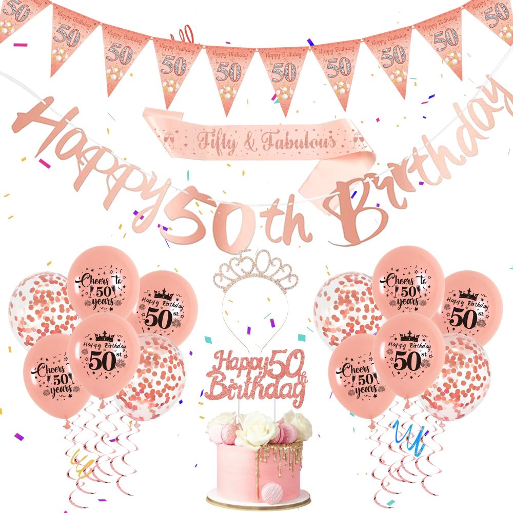 50th Birthday Decorations for Women - Rose Gold Happy 50th Birthday Banner Cake Topper Triangle Flag Sash Tiara Latex Confetti Balloons Party Decorations for Women Party Supplies