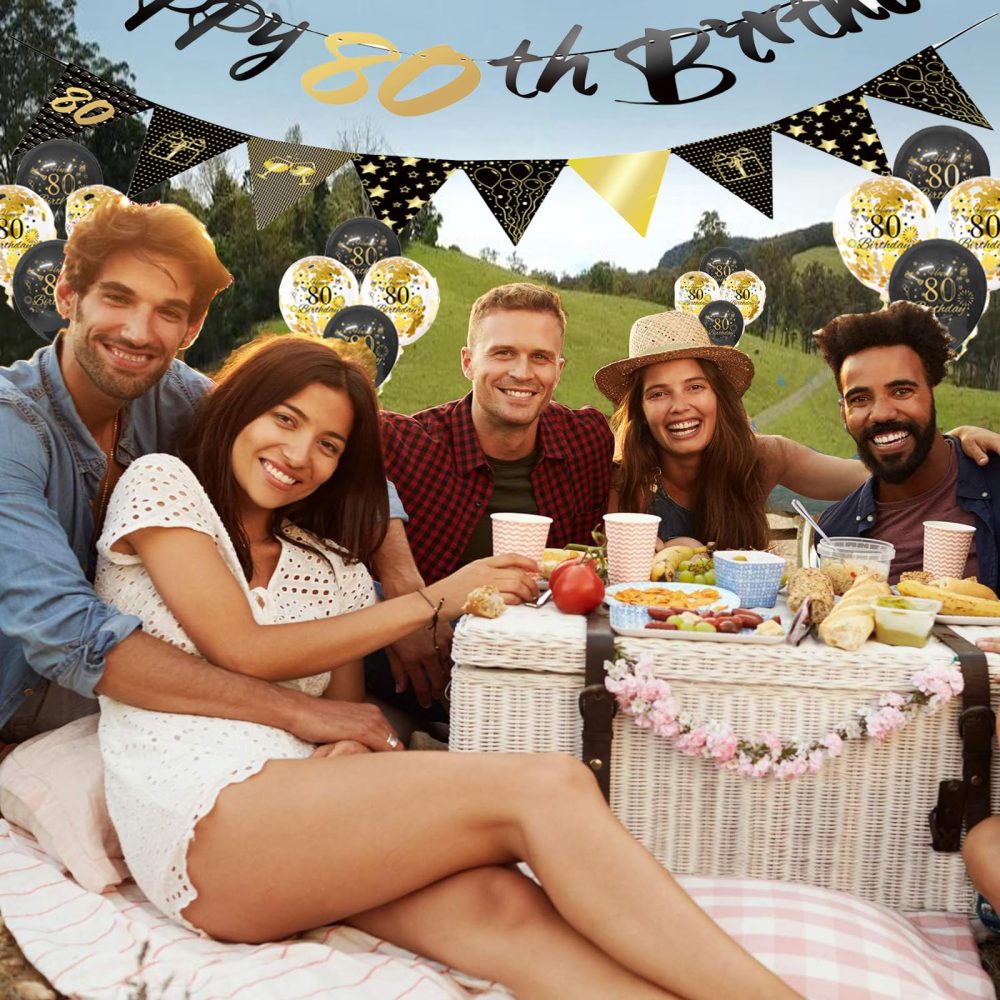 Black Gold 80th Birthday Decorations for Men Women,12pcs 80th Birthday Decor Kit Happy 80th Birthday Bunting Banner Triangle Flag 80th Birthday Balloons for Him Her 80th Birthday Party Decorations - Image 4