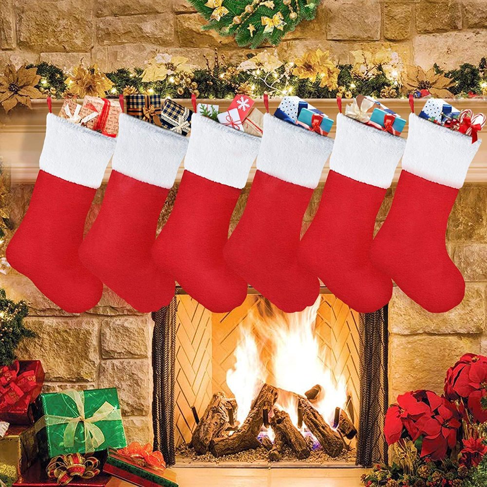 SHATCHI Christmas Santa Stocking Red Felt Hanging Sack Xmas Fireplace Hanging Santa Socks Plush Holiday Party Gifts Bag Decoration - Image 2