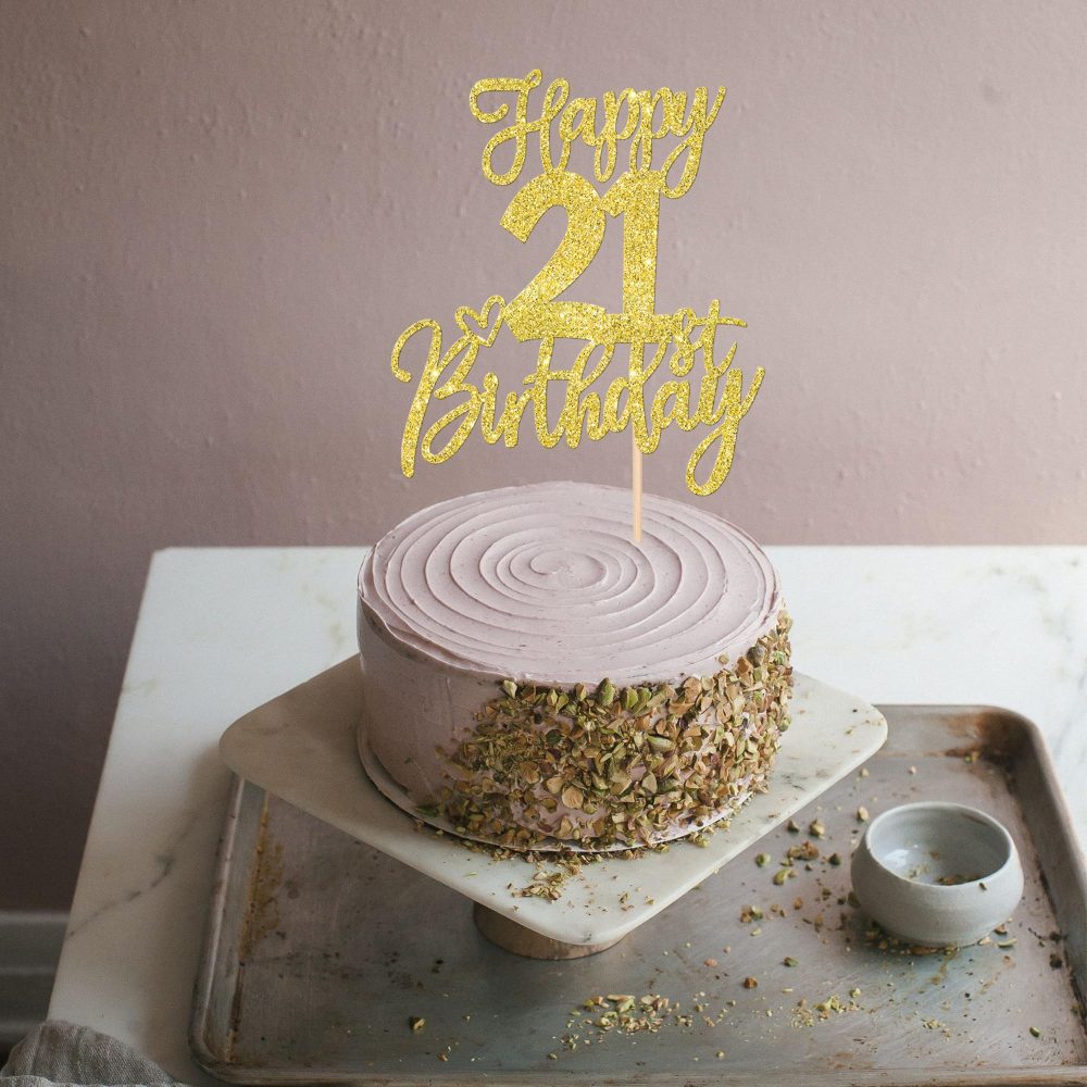 SYKYCTCY 1 Pack Happy 21st Birthday Cake Topper Gold Glitter Cheers to 21 Years Birthday Cake Pick 21 Fabulous Cake Decoration for Happy Birthday Theme Anniversary Party Supplies - Image 3