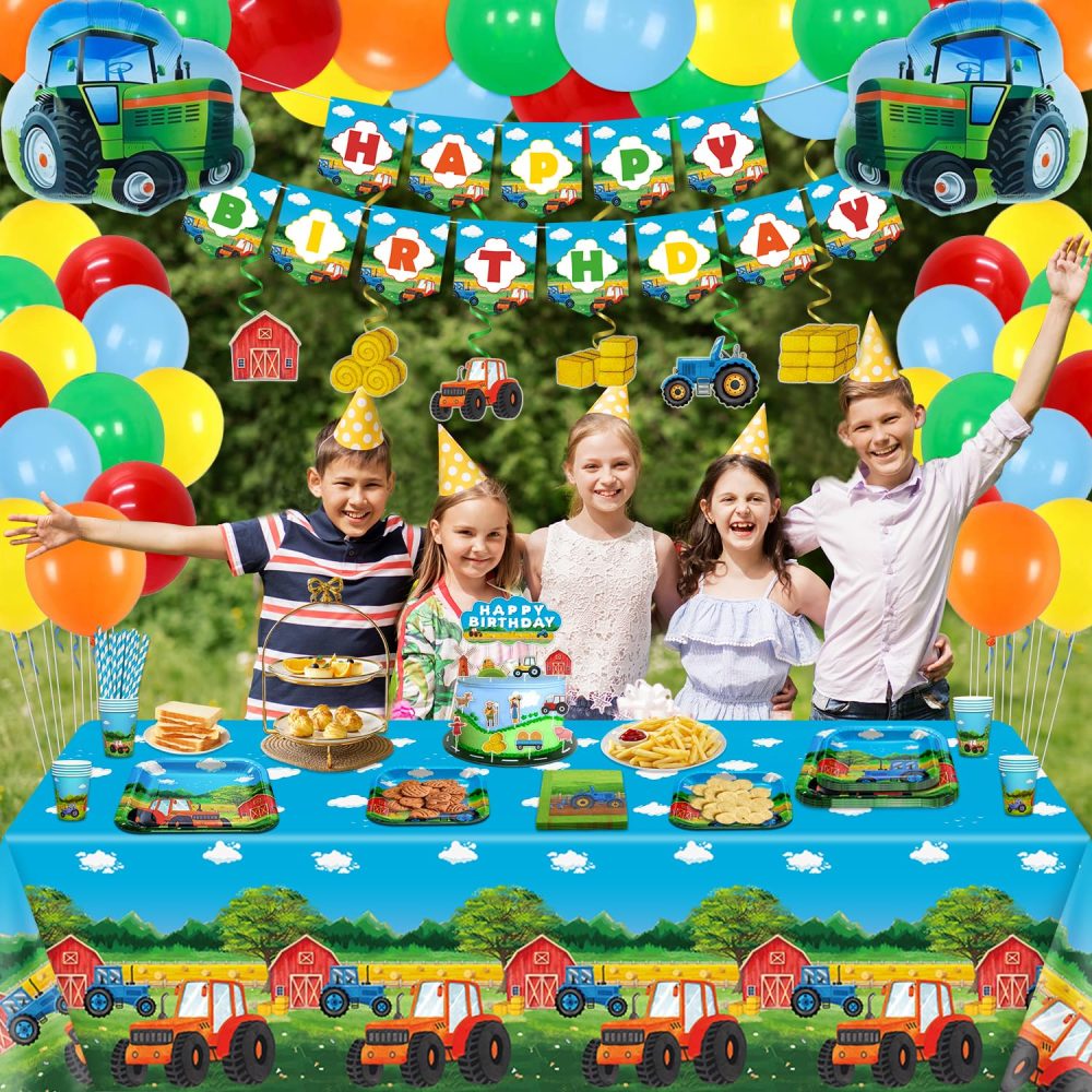 176 Pack Tractor Birthday Party Supplies Farm Tractor Party Decorations Tractor Party Supplies Barnyard Farm Party Tableware Set - Tractor Theme Plates, Balloons, Banner, Tablecloth, Cups Serves 20 - Image 9