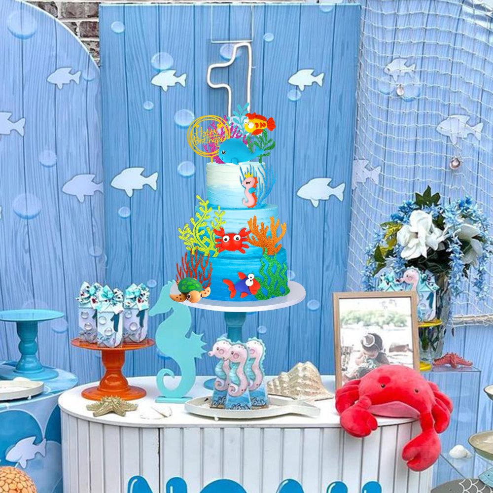 15 PCS Sea Ocean Theme Birthday Cake Decoration Toppers Fishing Cake Ocean Animals Sea Cake Decorations for Under the Sea Theme Baby Shower Birthday Party Supplies - Image 2