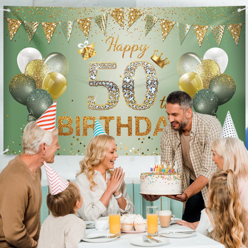 50th Birthday Decorations for Women Men, 50th Birthday Banner, 50th Birthday Backdrop Party Decorations, Sage Green Gold Happy 50th Birthday Banner Background for Birthday Anniversary Party Supplies - Image 3