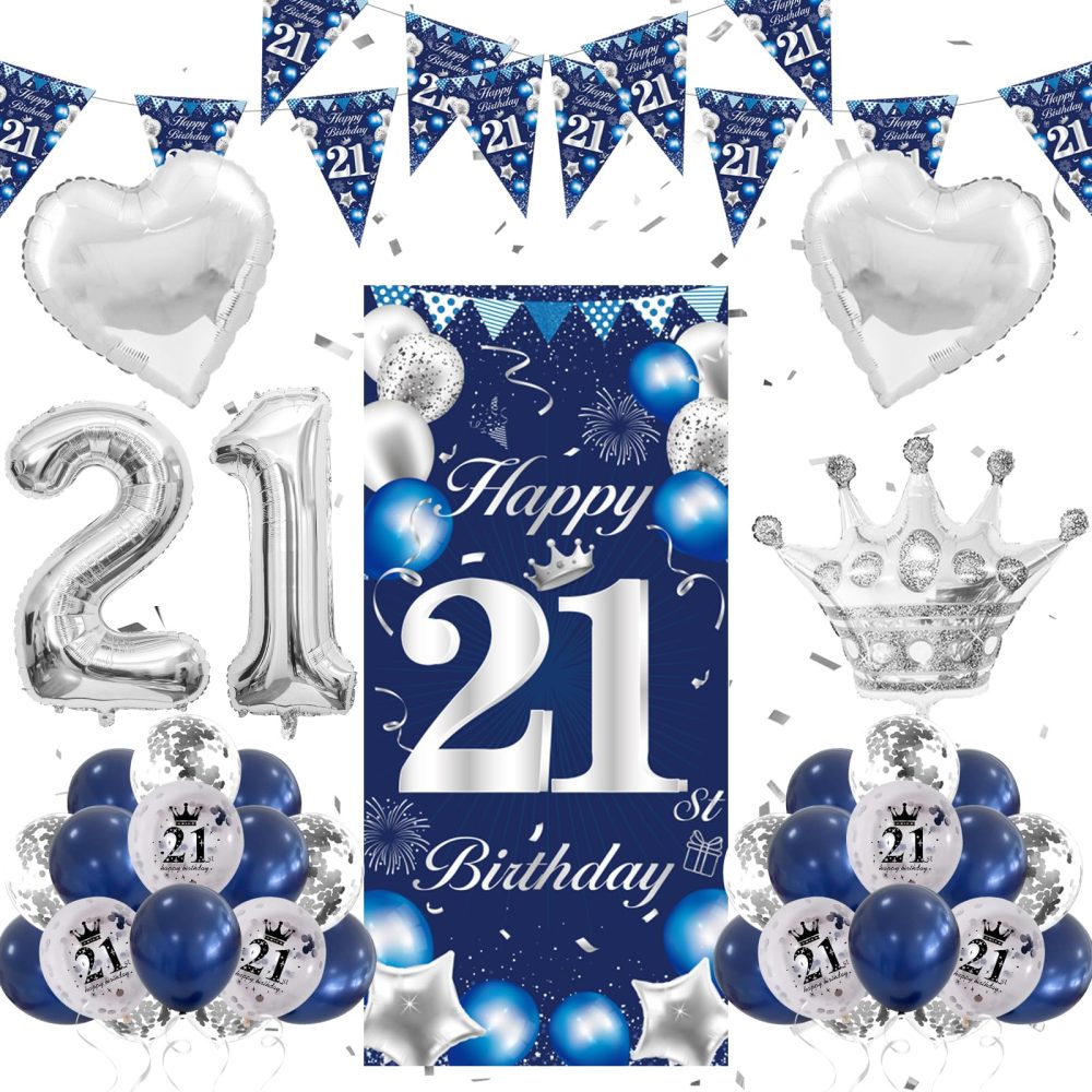 21th Birthday Decorations for Boys Girls Blue and Silver, 21th Birthday Banner Balloons Birthday Balloons Happy Birthday Backdrop Door Banner Number 21 Foil Balloons Party Decorations