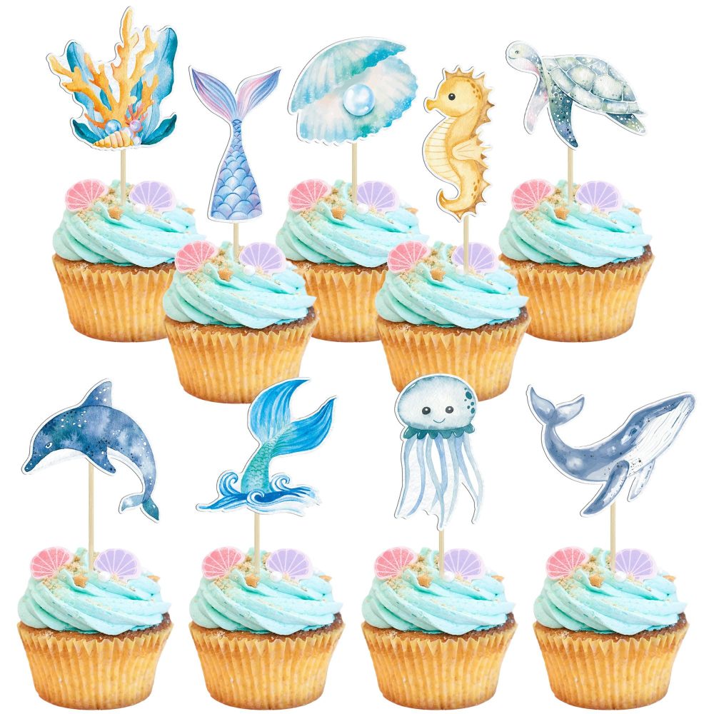 Gyufise 36Pcs Mermaid Cupcake Toppers Under the Sea Turtles Octopus Mermaid Tail Cupcake Picks Seahorse Coral Cake Decorations for Under the Sea Theme Baby Shower Birthday Party Supplies