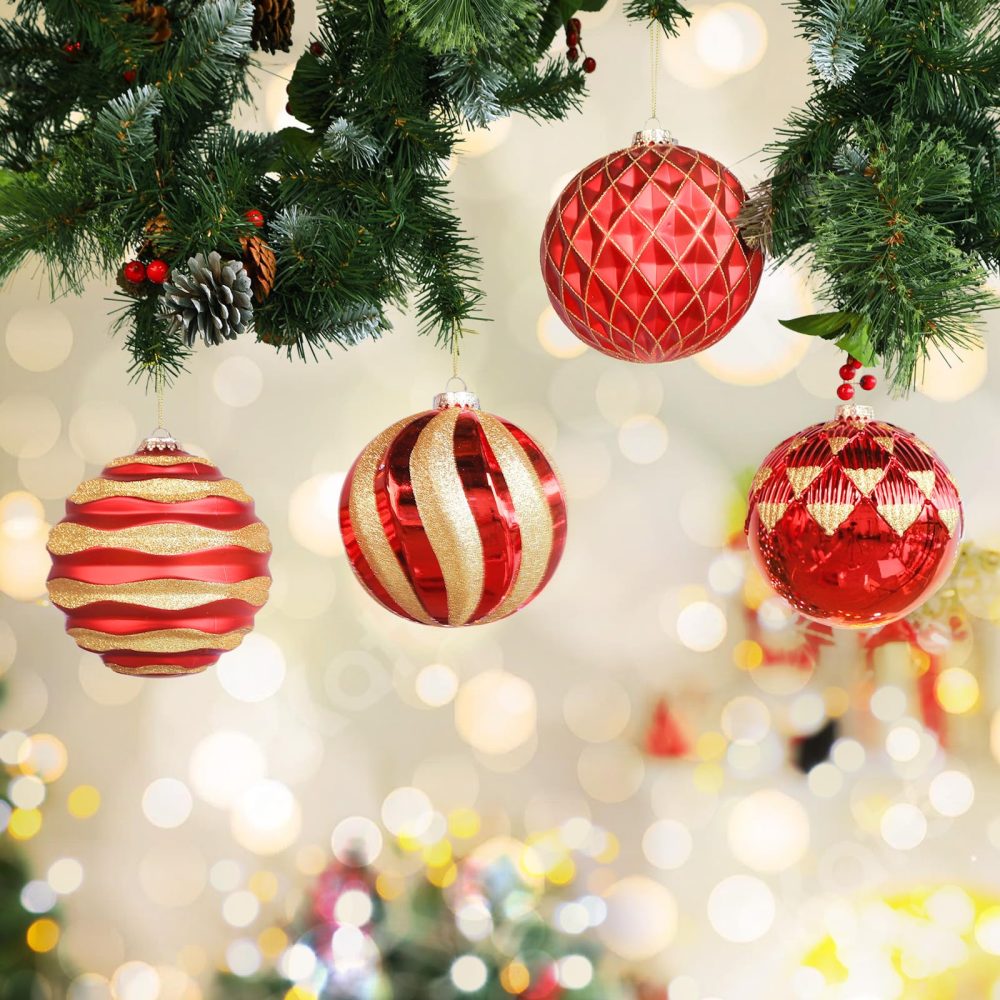 Alupssuc 4Pcs Christmas Tree Decorations, Shatterproof Christmas Hanging Balls Set with Hooks for X-mas Party Wedding Holiday, Red & Gold - Image 4