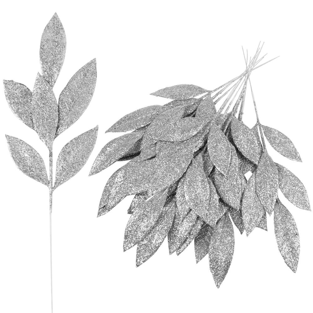 VEYLIN Christmas Glitter Bay Leaf, 12Pcs Artificial Christmas Tree Picks Sprays for Christmas Tree Wreath Floral Wedding Bouquet Decoration(Silver)