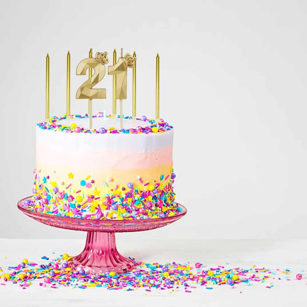 21th Gold Crown Birthday Candles Set, with 6Pcs Long Candles，Birthday Numbers 21 Candles, Happy Birthday Cake Topper for Birthday Party Parties Weddings Company Anniversarie (Gold, 21) - Image 4