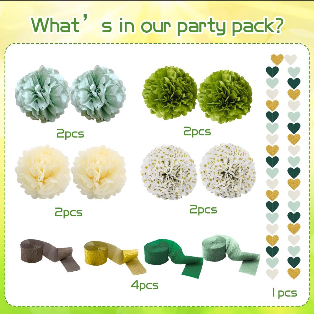 Tissue Paper Pompoms Party Decorations - Green Glod Hanging Paper Flower Balls Decoration with Heart Garland, Pompom Party Decor for Birthday Wedding Anniversary Baby Shower Bridal - Image 8