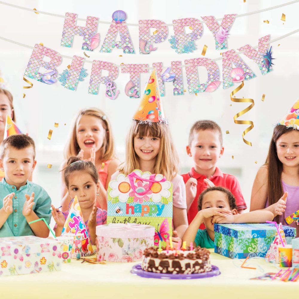 Mermaid Happy Birthday Banner, Birthday Party Decorations for Girls, Mermaid Theme Birthday Party Supplies for Home Table Outdoor - Image 7