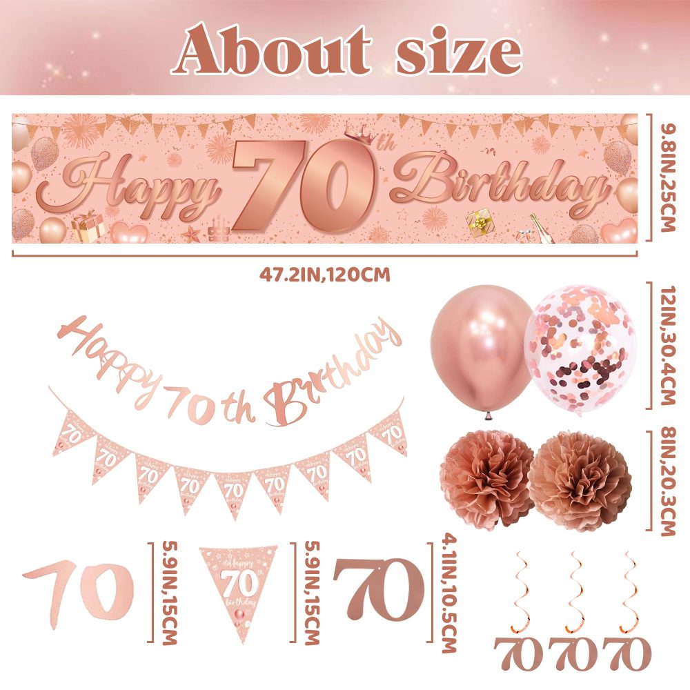 Rose Gold 70th Birthday Banner - 33 Pieces Rose Gold Birthday Party Decor Strip Banner Triangle Flag Rose Gold Hanging Paper Flower Matte Rose Gold Sequins Balloon for Women 70th Birthday Party Decor - Image 6