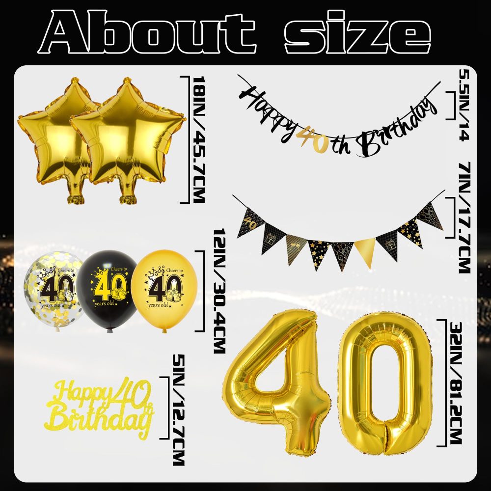 40th Birthday Decoration Black Gold - 31 Pieces 40th Birthday Decor, Happy Birthday Banner, Pennants, Cake Topper, Number 40 Foil Balloons, Star Foil Balloon for Women Men 40th Birthday Party Supplies - Image 6