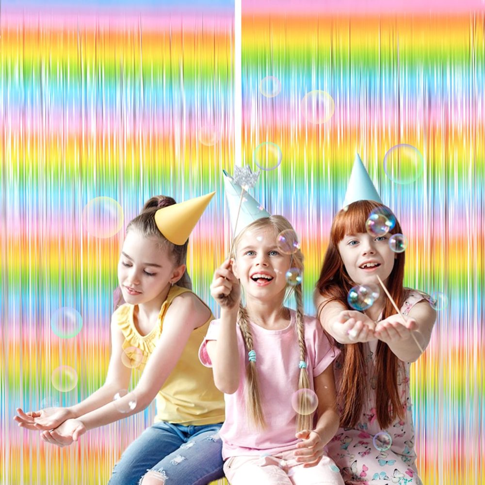 SUNBEAUTY Tinsel Curtain Macaron - Tinsel Curtains Pastel Foils Fringe Party Decoration Background for Unicorn Mermaid Fairy Princess Birthday School Child School New Year Party 1m x 2m Pack of 2 - Image 3