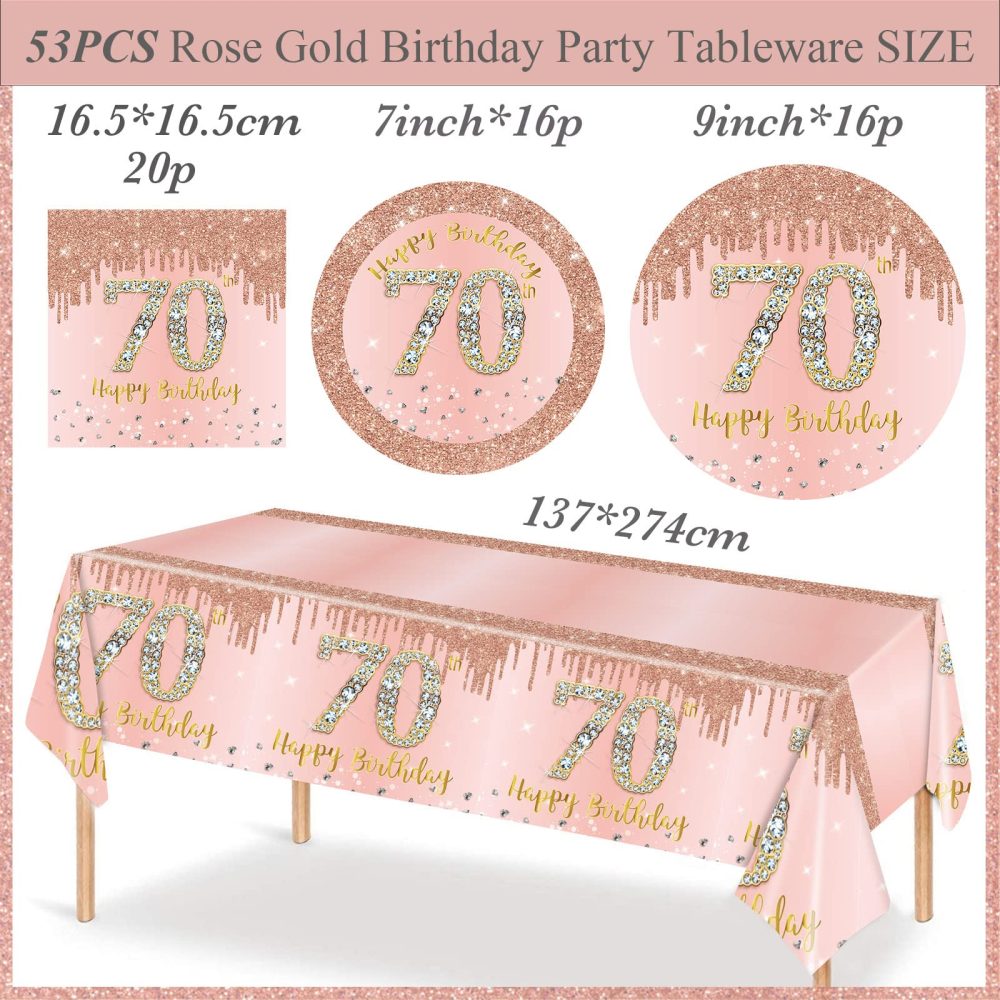 53Pcs Rose Gold Happy 70th Birthday Party Tableware Plastic Table Cloth,7,9inch Paper Plates,Napkins for Her Birthday Table Decorations Disposable Party Tableware Set for Women Adults Birthday Party - Image 4