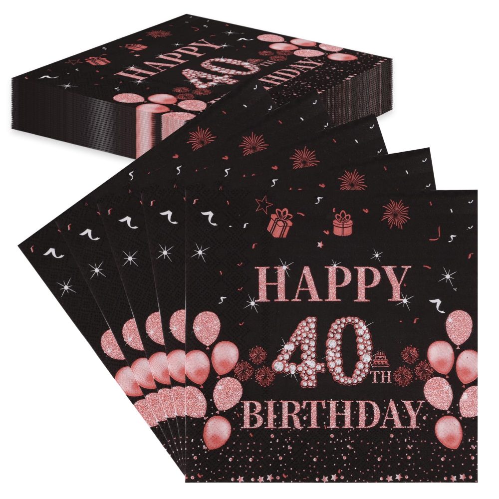 TOPWAYS Black Rose Gold Gold 40th Birthday Decorations Paper Napkins, 60pcs Disposable Paper Birthday Napkins Table Decoration for Women Lady Her 40th Birthday Party (40th)