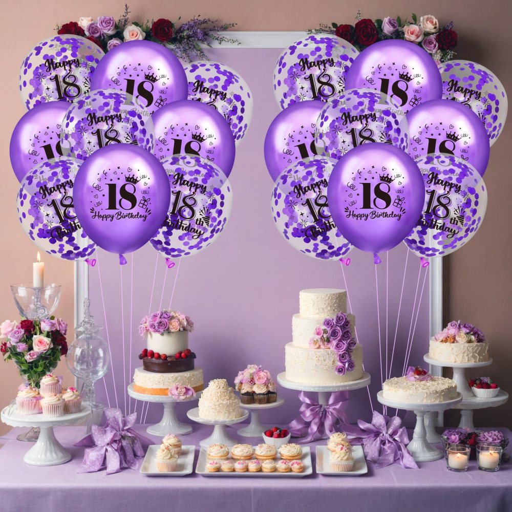 18th Birthday Balloons 18Pcs Purple Happy 18th Birthday Balloons Confetti Balloons Purple 18th Birthday Party Decorations Balloons for Girls Boys 18th Anniversary Birthday Decor Supplies 12 inches - Image 4