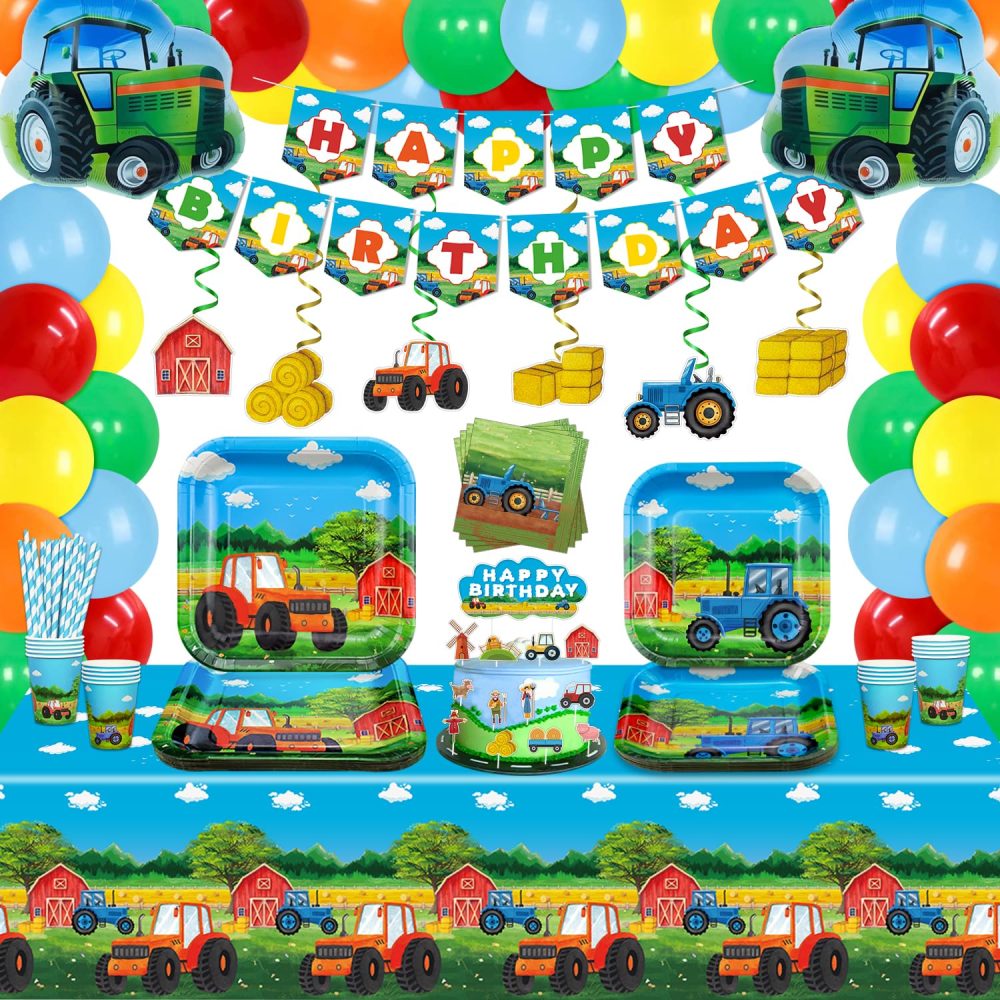 176 Pack Tractor Birthday Party Supplies Farm Tractor Party Decorations Tractor Party Supplies Barnyard Farm Party Tableware Set - Tractor Theme Plates, Balloons, Banner, Tablecloth, Cups Serves 20