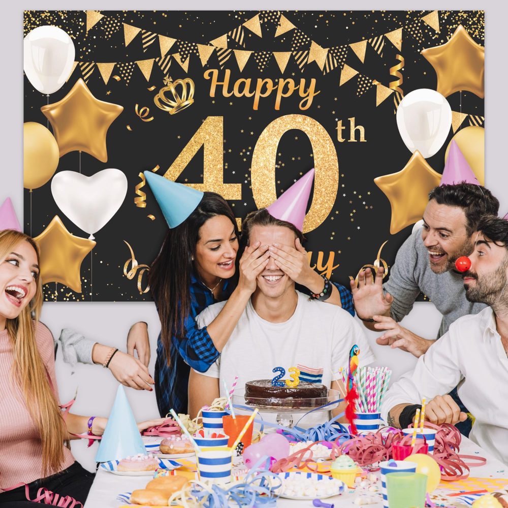 Happy 40th Birthday Banner Black Gold 40th Photo Backdrop Birthday Party Background Supplies Backdrop Props, Birthday Decorations (40th) - Image 4