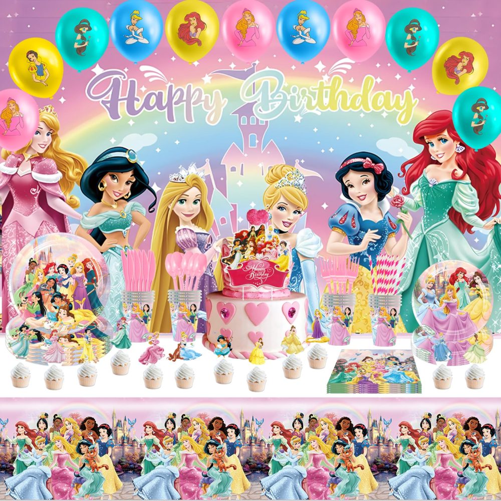 Princess Birthday Party Supplies Set 137Pcs Girls Princess Birthday Tableware Including Happy Birthday Backdrop Plate Balloons Napkins Tablecloth, Princess Theme Party Decorations for 10 People