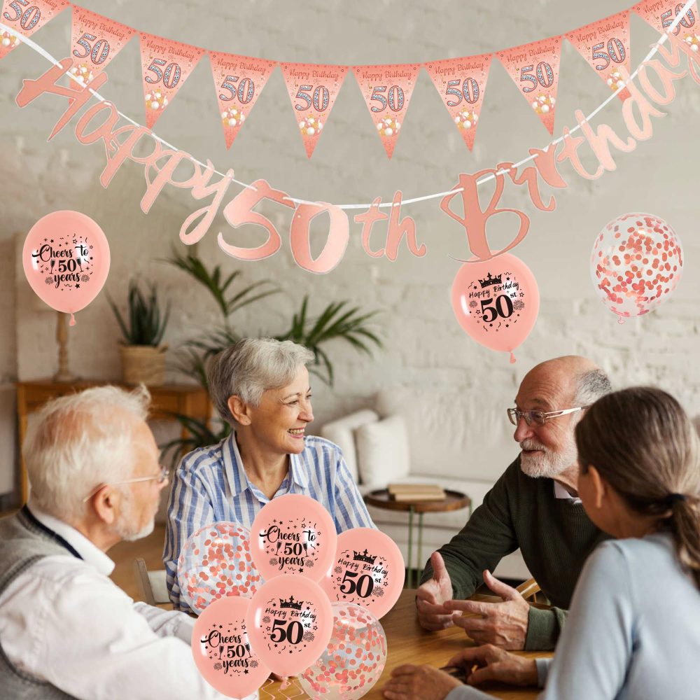50th Birthday Decorations for Women - Rose Gold Happy 50th Birthday Banner Cake Topper Triangle Flag Sash Tiara Latex Confetti Balloons Party Decorations for Women Party Supplies - Image 3