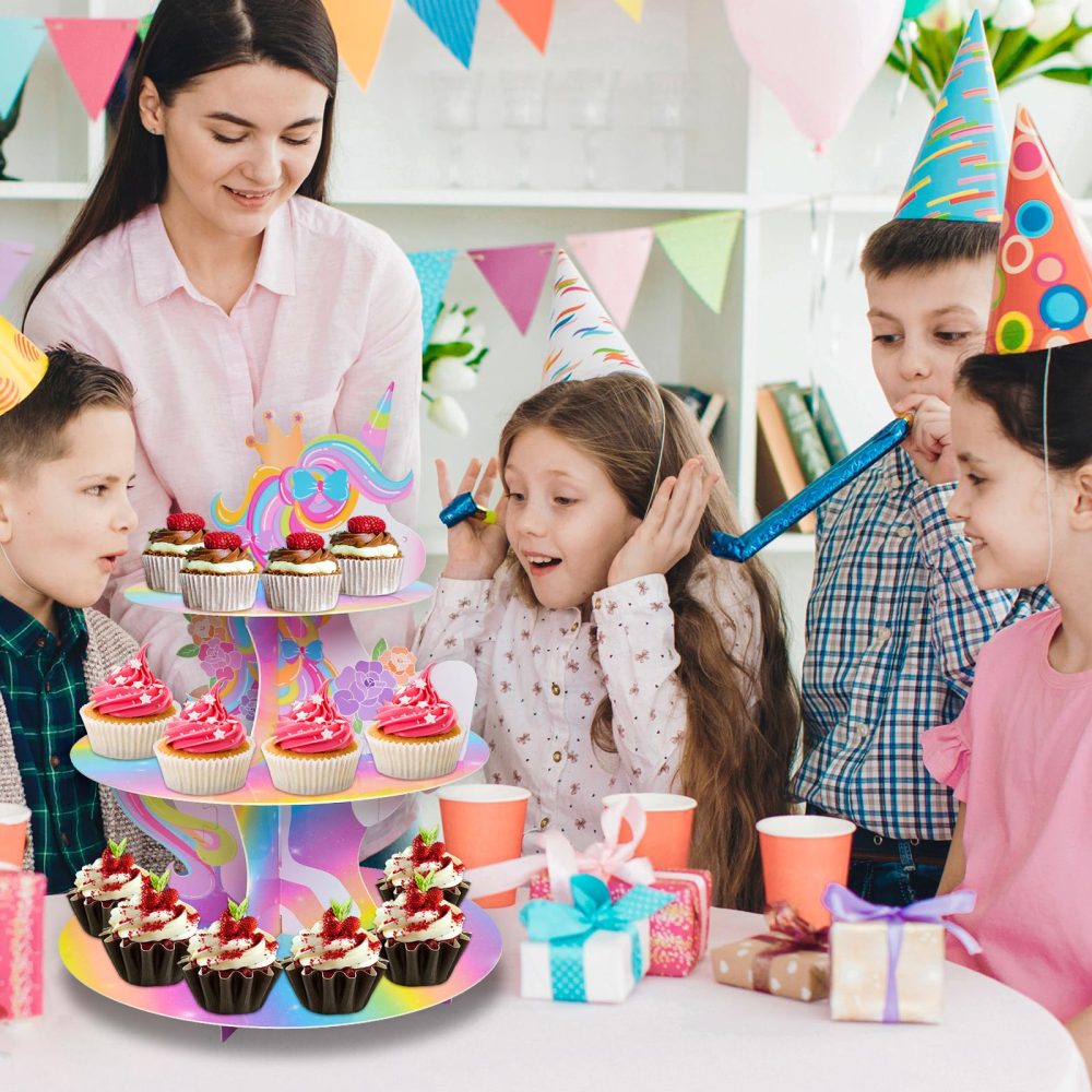 Unicorn Cupcake Stand,3-Tier Cardboard Cupcake Stand Party Decorations Unicorn Theme Cupcake Holder Decorations Unicorn Dessert Tower for Girls Kids Unicorn Theme Party Birthday Supplies - Image 3