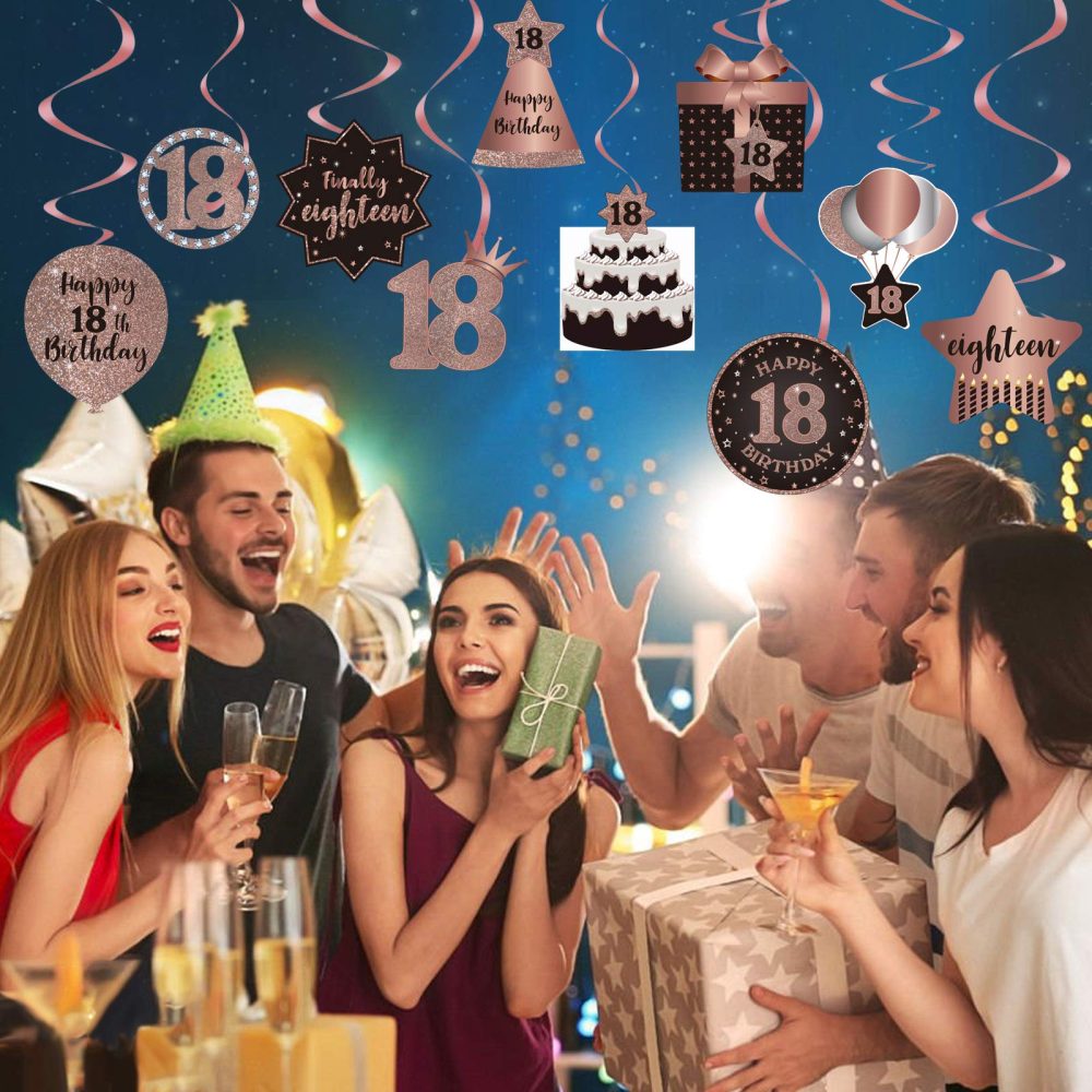 Happy 18th Birthday Party Hanging Swirls Streams Ceiling Decorations, Celebration 18 Foil Hanging Swirls with Cutouts for 18 Years Old Pink and Gold Birthday Party Decorations Supplies - Image 5