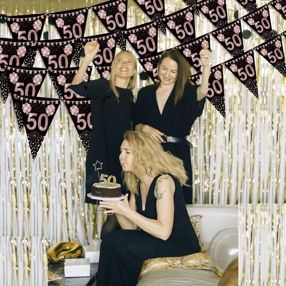 50th Birthday Bunting, Happy Banner Bunting Flags, 40 Pieces Triangle Rose Gold Glitter Diamond by Numbers 50th Birthday Anniversary Theme Party Decoration Supplies - Image 3