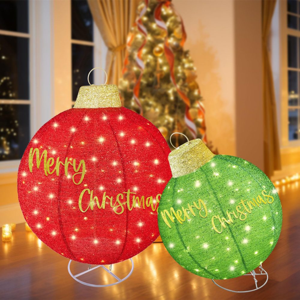 HOYECHI 2pc Lighted Pop-Up Outdoor Christmas Ornament Set – Holiday Ball Decorations with 200 LED Lights, 8 Lighting Modes, for Yard & Outdoor Christmas Decor - Red/Green - Image 3