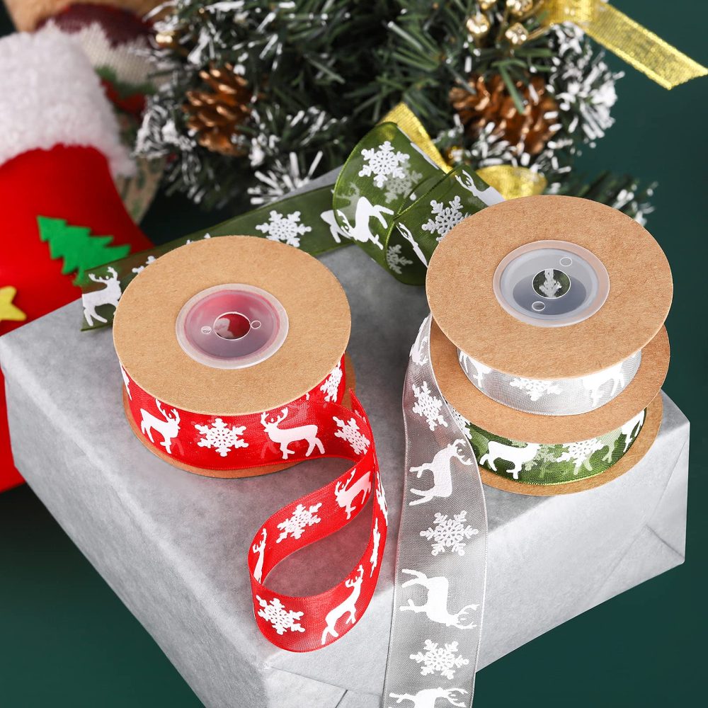 Fovths 3 Rolls 30 M Christmas Ribbon Gift Wrapping Ribbons Organza Ribbon Xmas Theme With Snowflake Elk in 3 Colors for Gift Wrapping, 25mm Wide - Image 4