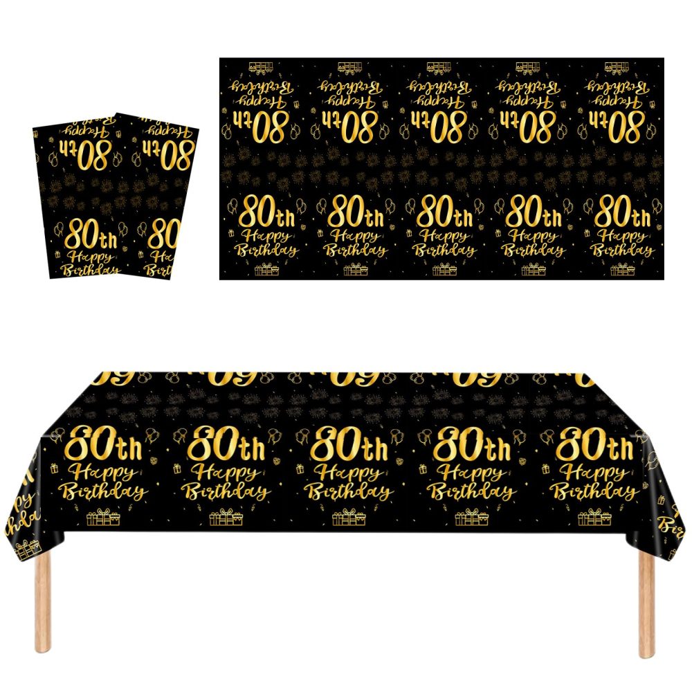 80th Birthday Table Decoration, 2pcs Black Gold 80th Table Cloth,Happy 80th Birthday Tablecloth for Men Women ,137*274cm Plastic Tablecloths Table Cover 80th Birthday Decorations for Him Her