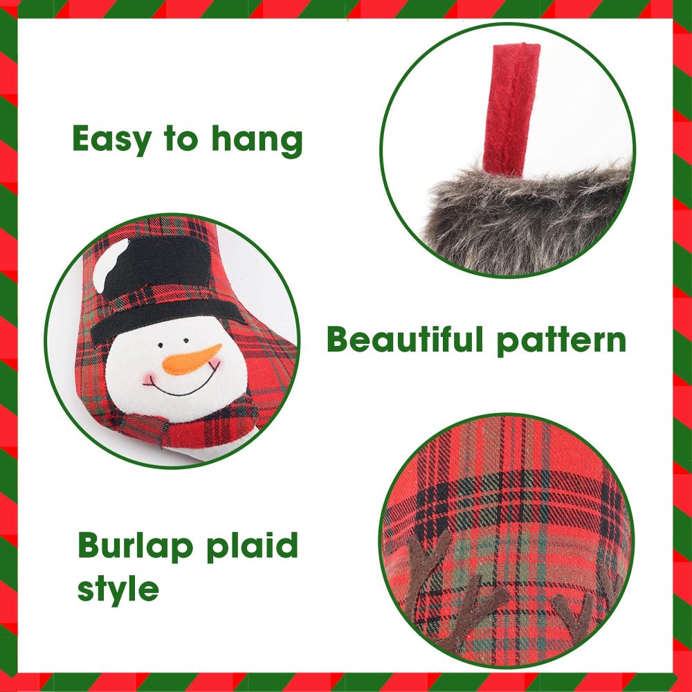 COOLWUFAN Christmas Stocking, 4 Pack 18 inch Xmas Stockings wiht Snowflake Santa Snowman Reindeer and Plush Faux Fur Cuff Family Pack Stockings for Xmas Holiday Family Party Decorations,Red - Image 6