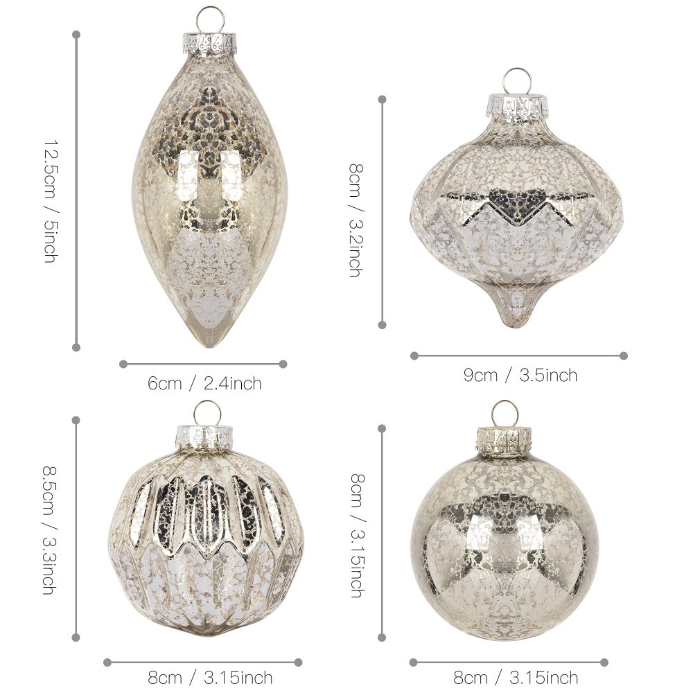 KI Store Mercury Glass Christmas Tree Decorations Champagne Silver Set of 8 80mm 120mm Hanging Christmas Baubles Finials for Christmas Tree Decoration Holiday Décor - Image 2