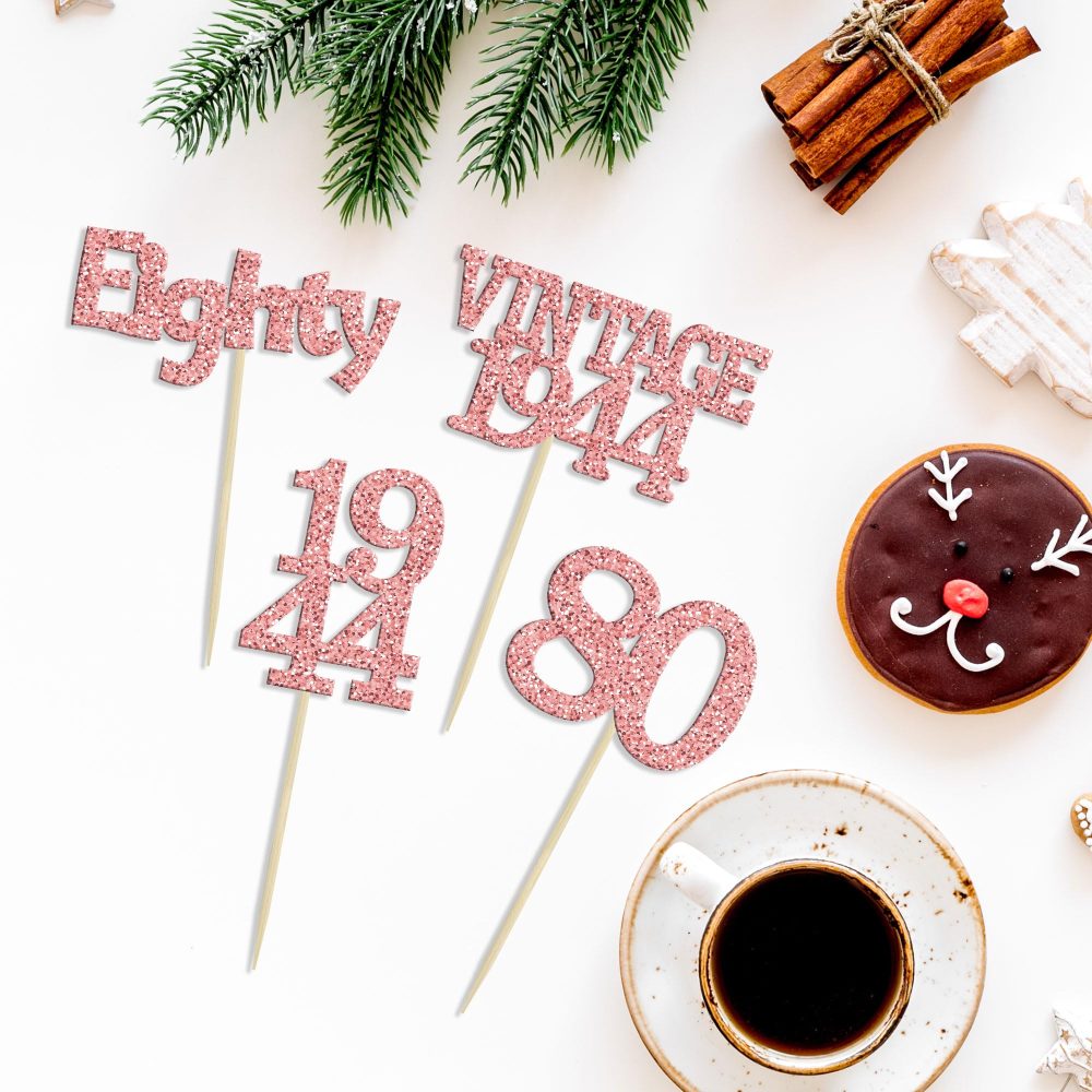 Gyufise 24Pcs 80th Birthday Cupcake Toppers Glitter Cheers to 80 Fabulous Eighty Vintage 1944 Cupcake Picks 80th Birthday Wedding Anniversary Party Cake Decorations Supplies Rose Gold - Image 6