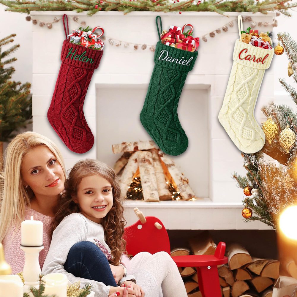 Udiyfun Personalised Christmas Stockings, Custom Family Christmas Stocking with Embroidered Name, 46CM Large, Customised Knitted Xmas Stockings, Christmas Hanging Decor, Gifts for Family 1 Pcs - Image 2