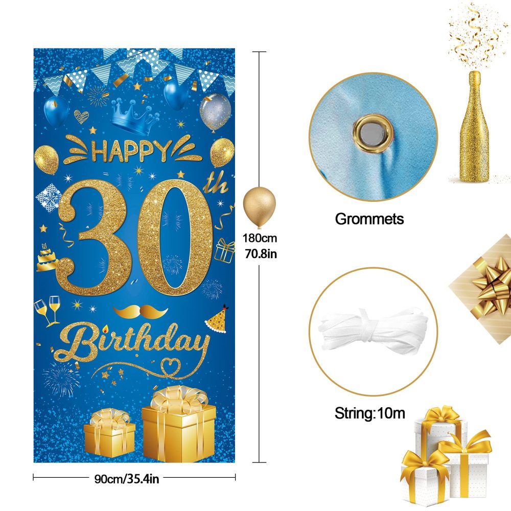30th Happy Birthday Banner - 30th Birthday Decorations Party Birthday Banner Blue Gold Fabri Birthday Backdrop Door Wall Birthday Decorations for Men Women, 30th Anniversary Birthday Party Supplies - Image 5