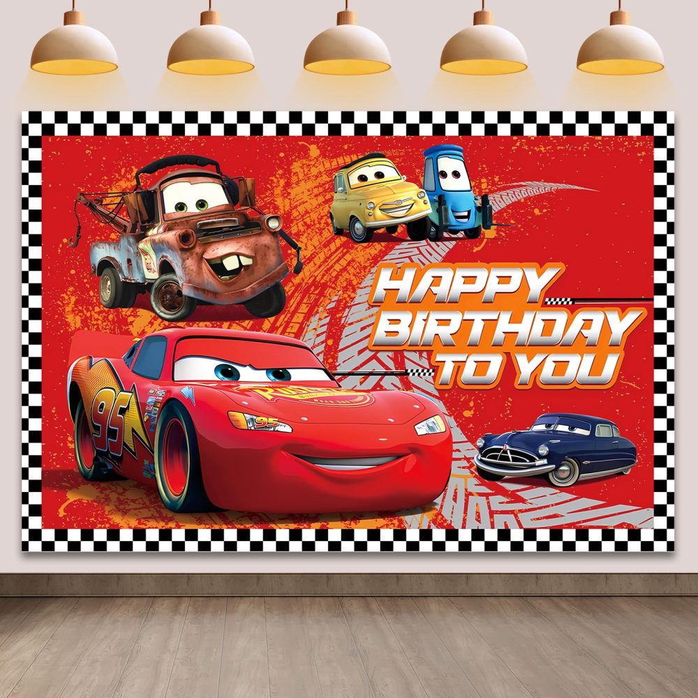 Dekewe Cars Happy Birthday Banner, Happy Birthday Decorations Backdrop, Cartoon Theme Background Photography, Birthday Party Decorations Supplies for Boys Girls Kids, 100cm x 150cm