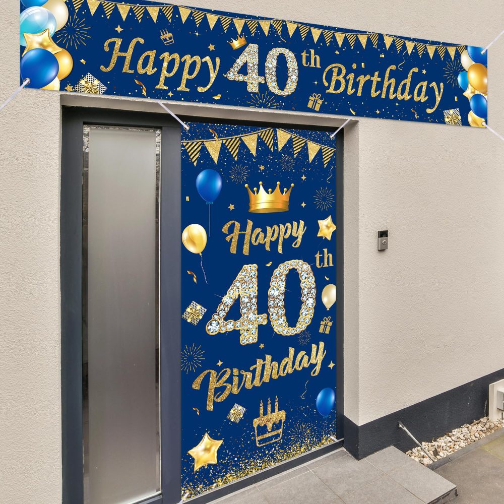 Blue 40th Birthday Decorations for Men Women, Navy Blue Gold Happy 40th Birthday Banner and 40th Birthday Door Banner for 40 Years Old Men Women Anniversary Birthday Party Supplies Porch Sign Decor - Image 4
