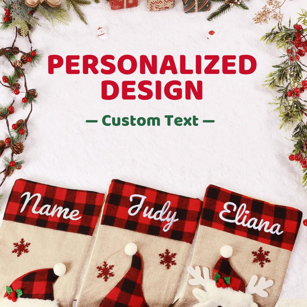 Bemaystar Personalized Christmas Stockings - 18'' Custom Christmas Stockings with Names, Embroidery Burlap Plaid Xmas Stockings Personalized Decoration Gifts for Family Kids Christmas Holiday Party - Image 5